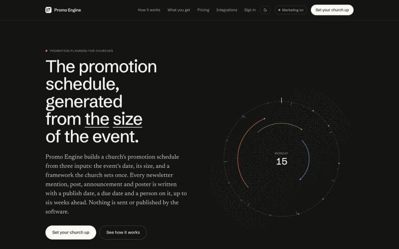 The Promo Engine homepage: the promotion schedule, generated from the size of the event